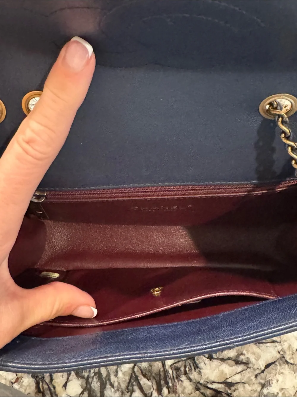 CHANEL Chevron Quilted Shoulder Bag - Dark Blue with Gold Hardware